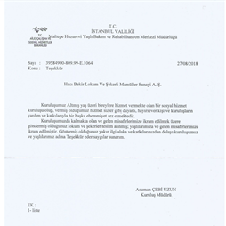 2018 Maltepe Huzurevi Teşekkür Yazısı